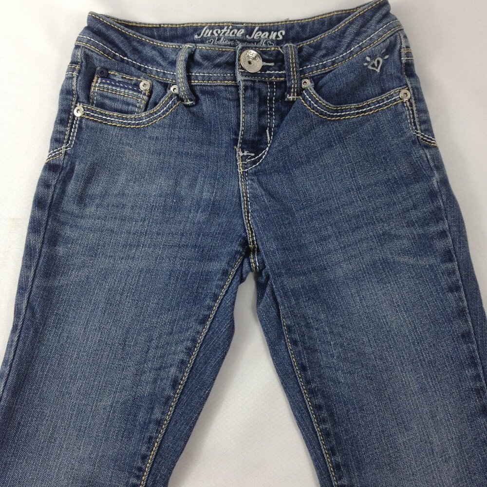 Justice Jeans Girls Distressed Straight Leg Blue Jeans Size 7R
